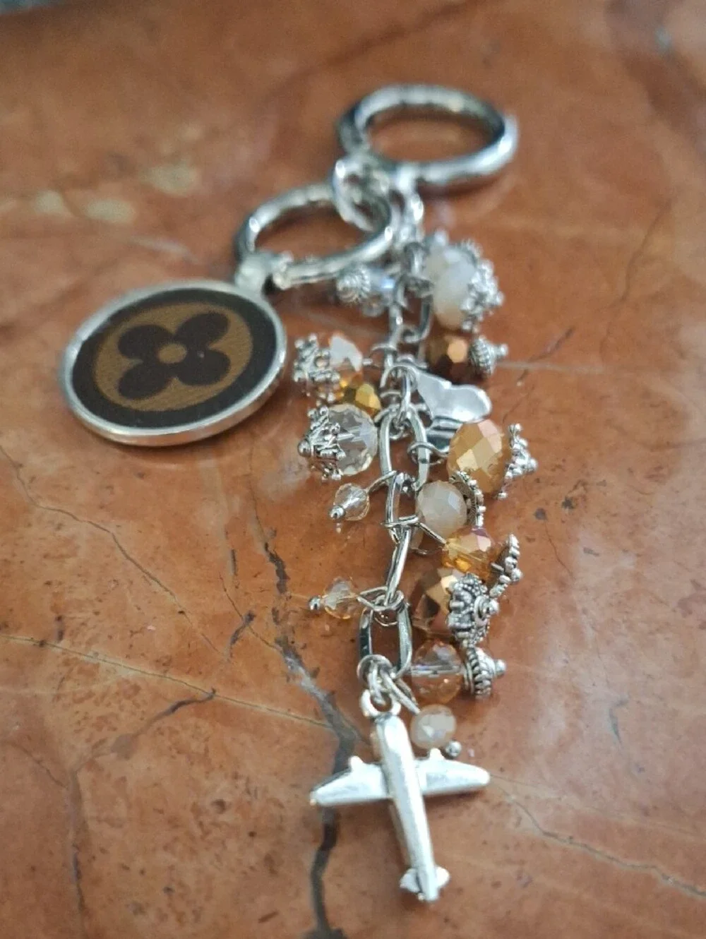 Designer-upcycled Brown and Silver Beaded Dangle Keychain Bag Charm